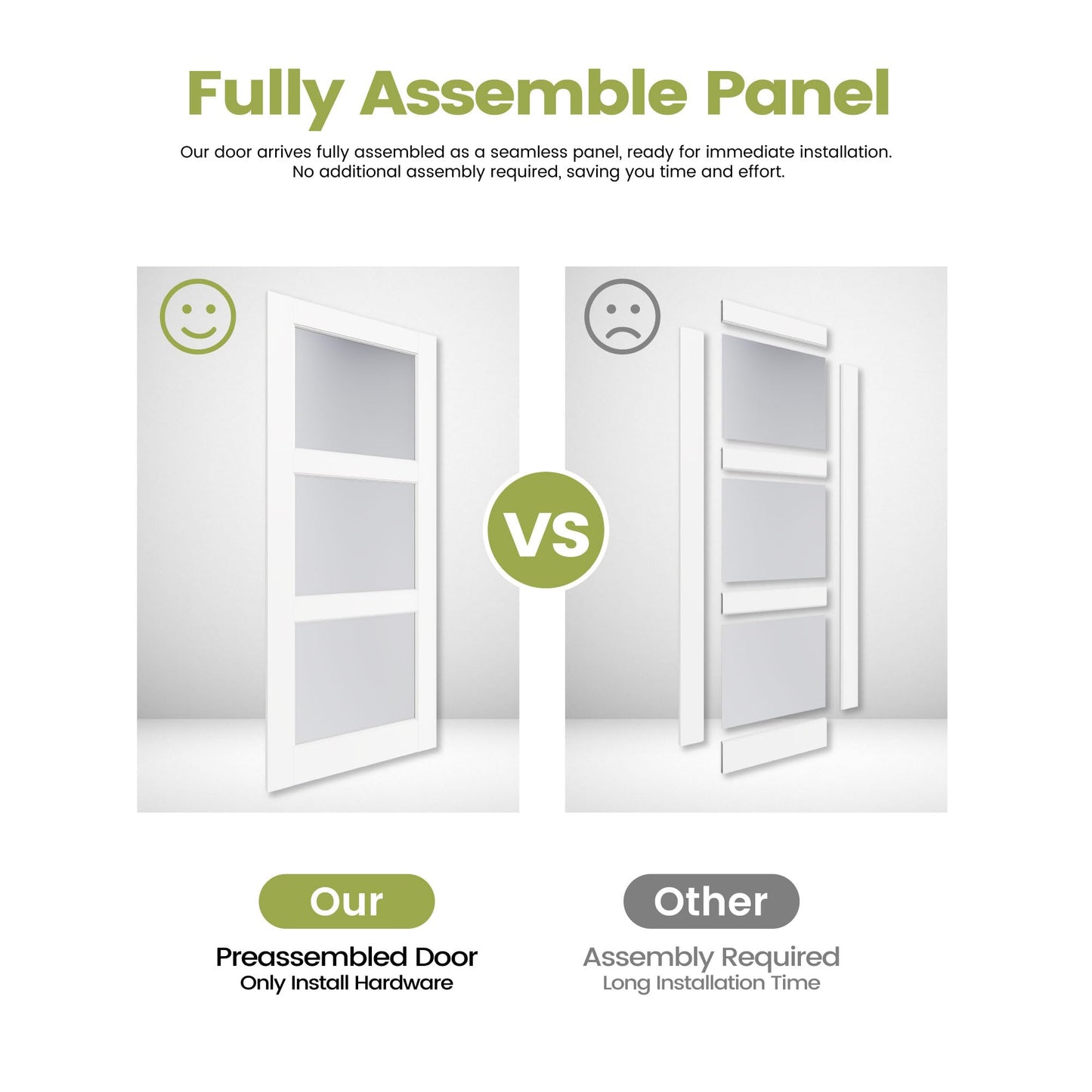 OHTOMO 24"x 80" Interior Door, 3-Lite Frosted Glass Door Slab, Solid Core with MDF Panel, for Bathroom Pantry Laundry Room, White Primed, Without Frame and Hardware Kit
