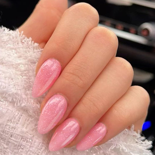 GLAMERMAID Pink Press on Nails Medium Almond, Handmade Glitter Light Pink Neutral Jelly Sofy Gel Glue on Nail Stiletto, Glossy Fake Nails Short Oval，Reusable Acrylic Stick on False Nail Kits for Women