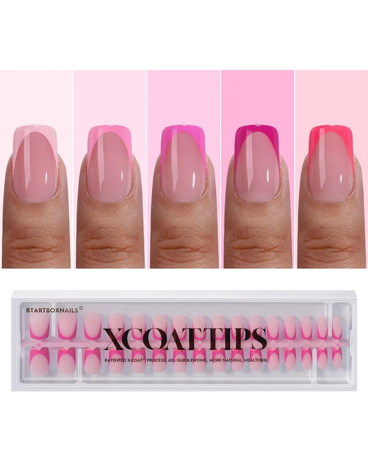BTArtboxnails French Tip Press On Nails - Pink Short Square Press On Nails, Soft Gel Nail Tips, 160Pcs Soak Off Acrylic Fake Nail Extension in 16 Sizes