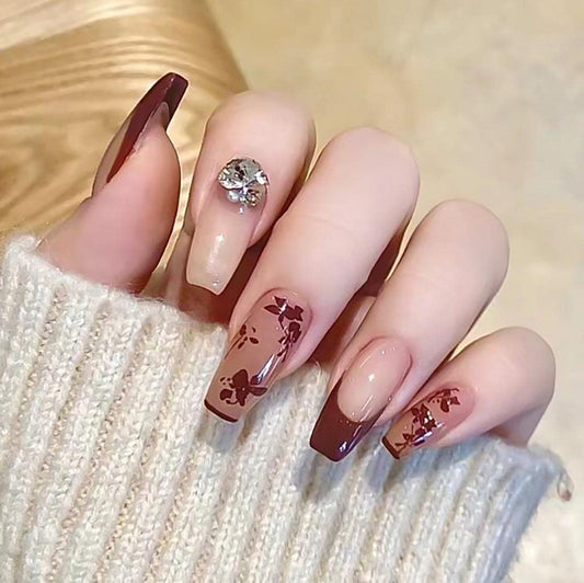 RikView French Tip Press on Nails Long Acrylic Nails Red Coffin Acrylic Nails with Fall Design Full Cover Nails 24 PCs/Set
