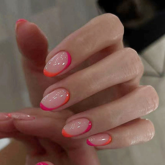 IMSOHOT Oval Press on Nails Short French Fake Nails Glossy Nude Ombre False Nails with Designs Pink Round Full Cover Acrylic Nails for Women 24Pcs