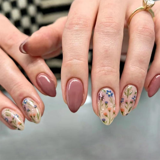 Hiynef 24Pcs Short Almond Press On Nails for Women – Glossy Acrylic Fake Nails with Floral Design, Reusable Full Cover Stick On Nails for Women & Girls