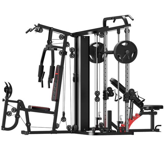 SunHome Multifunction Home Gym Equipment Workout Station, Smith Machine with 138LB Weight Stack and Bench, Leg Press, LAT Station for Full Body Training