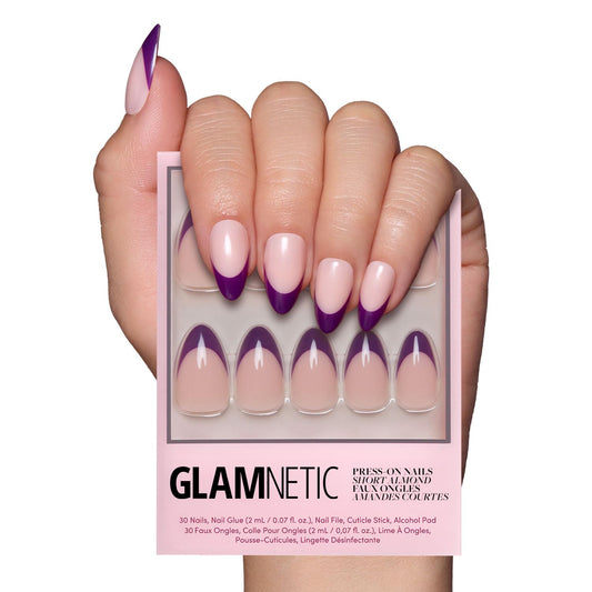 Glamnetic Press On Nails - Plum | Semi-Transparent Dark Purple French Tip Short Almond Fake Nails in a Glossy Finish, Salon Quality | 15 Sizes - 30 Nail Kit