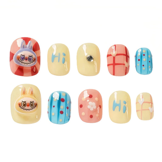 Tesytto Cartoon Press on Nails Extra Short Square - 3D Cute Charms Design, Colorful Mini Figure False Nails for Women and Girls (Cartoon-B,S)