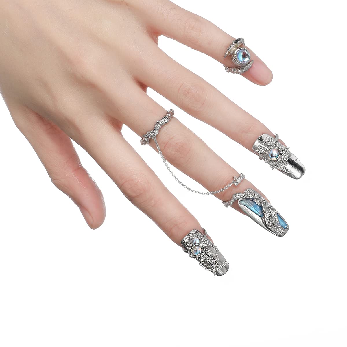 JZSMY 10Pcs Finger Tip Nail Rings for Women, Adjustable Opening Nail Art Charms Accessories, Finger Tip Ring Claw Rings Nail, Irregular Fingertip Nail Armor Ring Punk Jewelry Set (Blue)