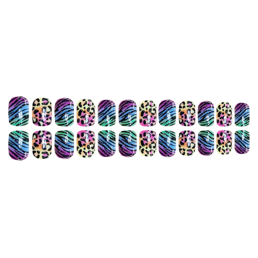 Fluorescent Leopard Print Press on Nails Medium Square Fake Nails Rainbow Leopard Print False Nails with Zebra Prints Design Stick on Nails for Women Girls Summer Manicure Decoration 24 Pcs