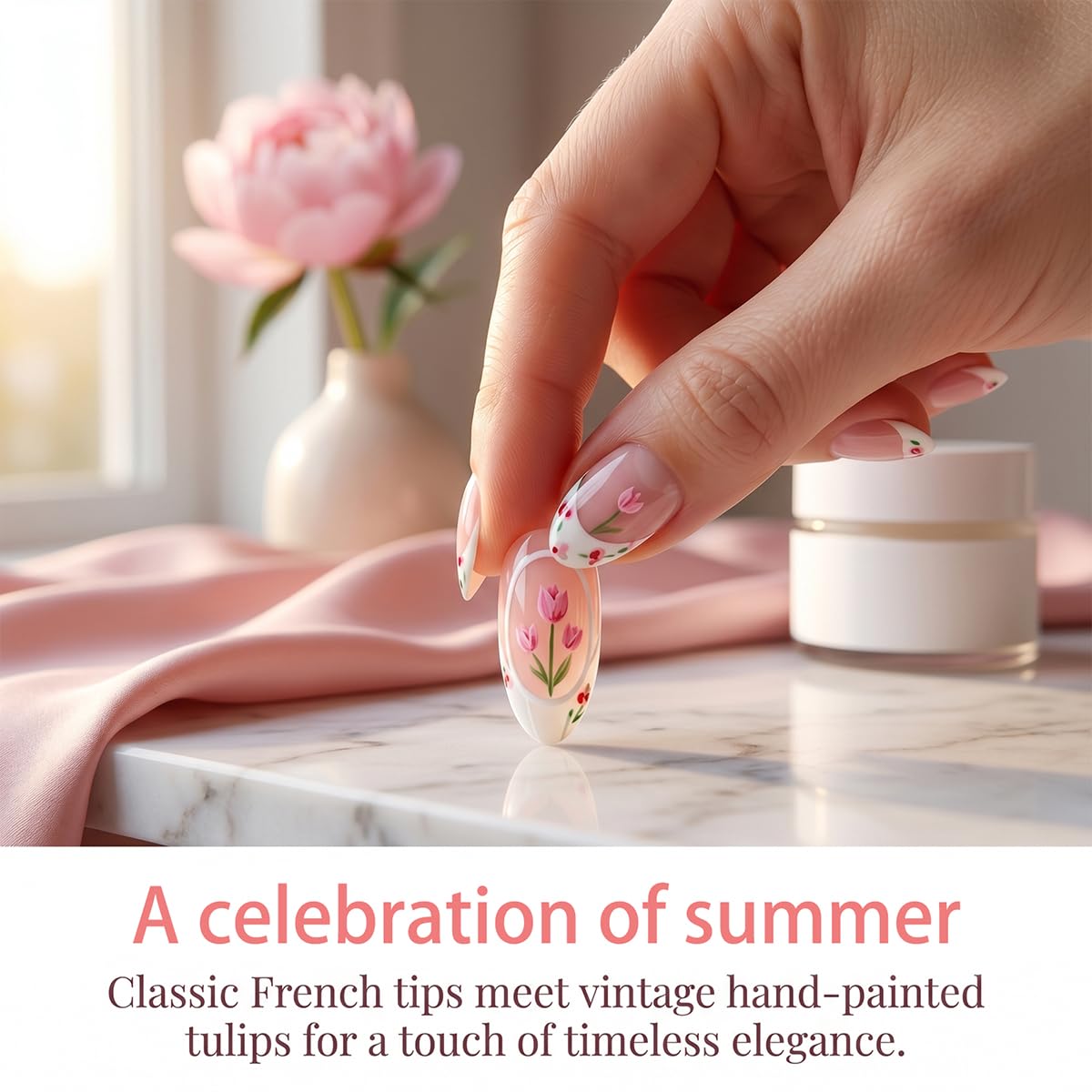 Almond Press On Nails - Summer Medium Nude pink white French with Tulip Floral Design Fake Nails Glossy Finished Reusable False Nails with Glue Tabs - 24Pcs Nail Kit for Women Manicure