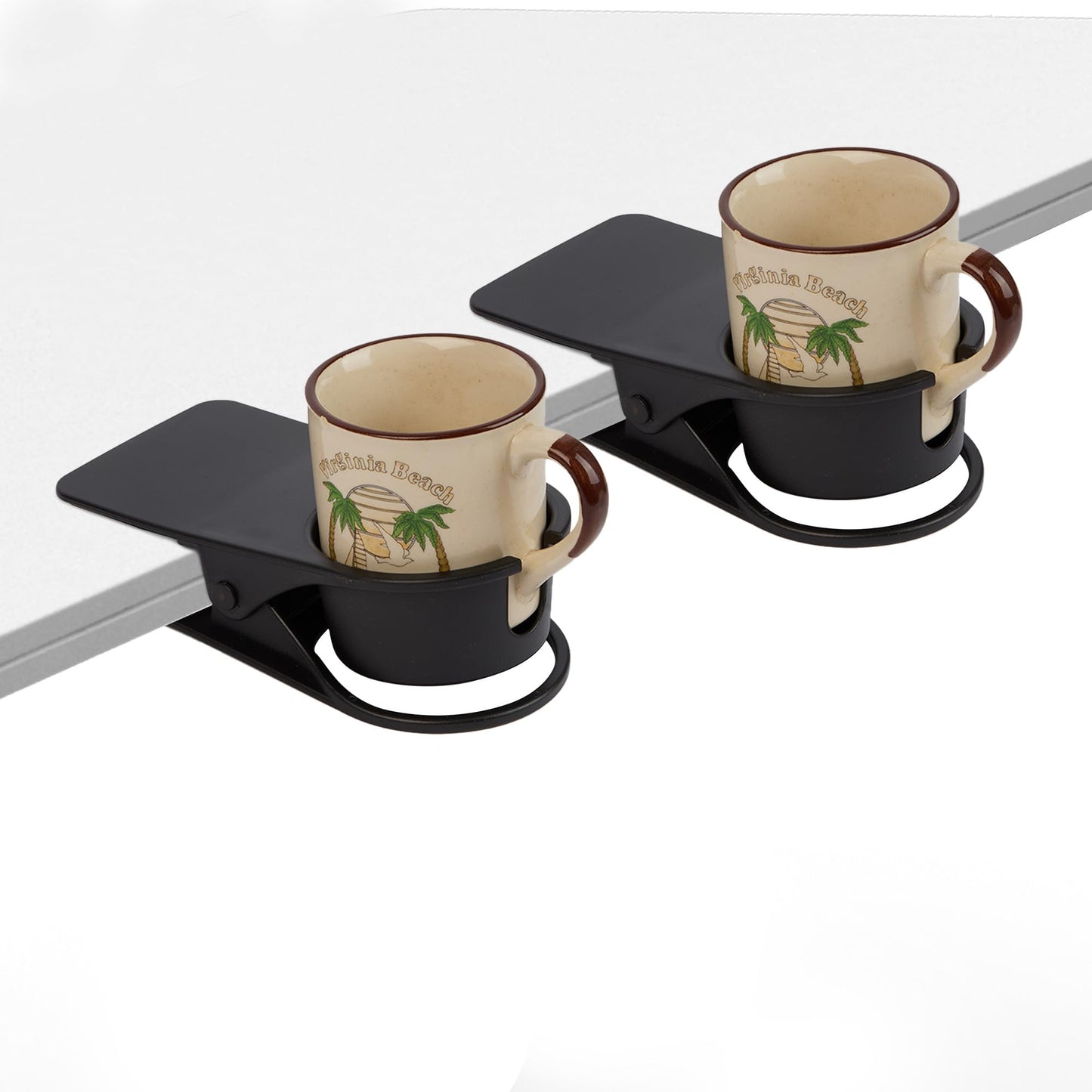 AISLE 3 ESSENTIALS Desk Cup Holder Clamp 2 Pack, Clip On Cup Holder for Desk Attachment, Anti Spill Drink Holder for Gaming Office Bedside Table, Fits Coffee Mug Water Bottle Tumbler