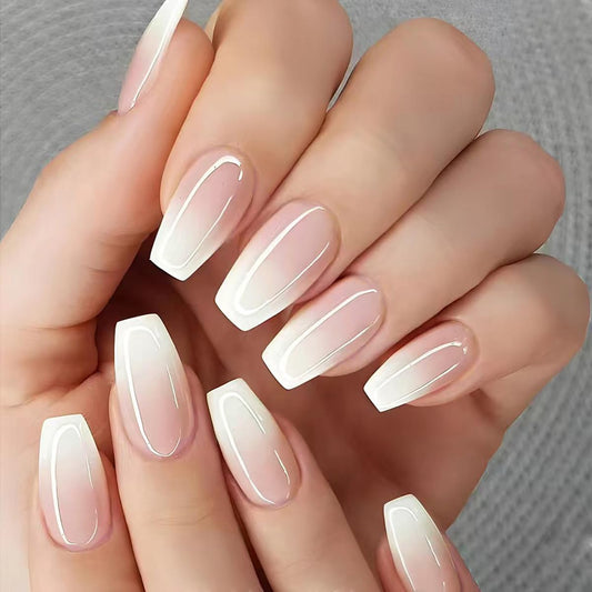 Ombre French Press On Nails - IKISKT Fashion Acrylic False Nails, Glue On Nails with Jelly Glue Sticker,Fit Perfectly & Natural Stick On Nail - 24PCS Soft UV Gel Fake Nails Kit, White Gradient