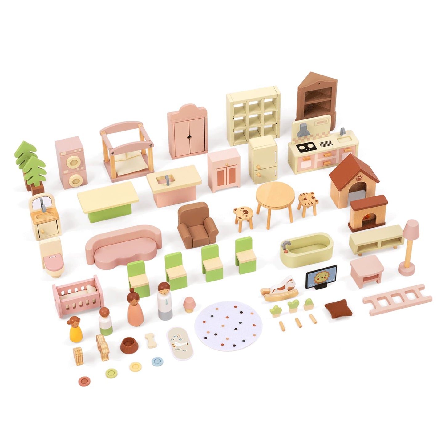 OOOK Wooden Dollhouse with 60 Pcs Luxurious Furniture Accessories, Including 4 Dolls and 2 Pets, Large 3-Story Doll House with 6 Rooms, Doll House for 3 Year Old