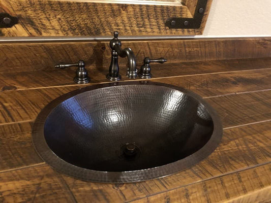 SimplyCopper 19" Oval Rustic COMBO Copper Bath Sink with Lift & Turn Drain & 2-Handled Faucet in ORB