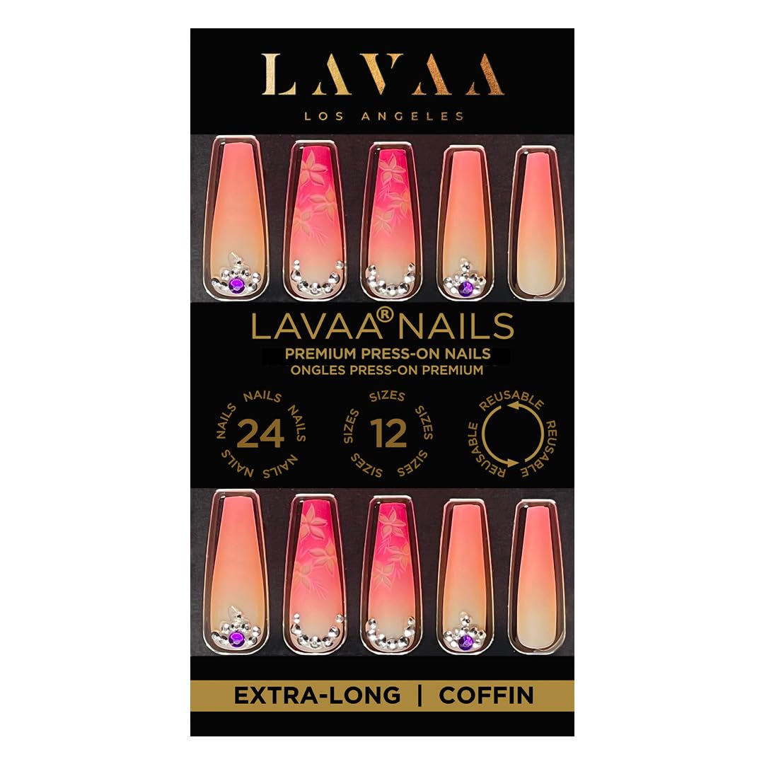 FLOWER BOMB Press-On Nails by Lavaa Beauty | Extra-Long | Purple/Violet/Pink Exotic Flower Nail Design with Gems