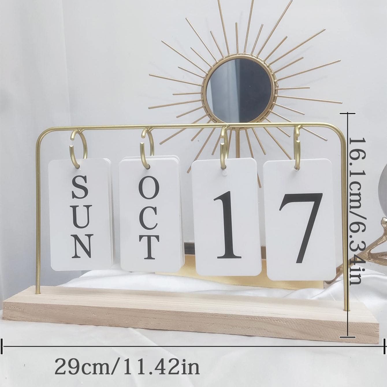 Wooden Perpetual Calendar for Desk, Metal Wood Month Date Display for Teachers, Students, Classroom, Rustic Farmhouse Office Decor, Desk Accessories (gold)