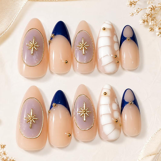2IM Studio Handmade Press On Nails, Elegant Nude 3D Floral French Tip with Pearl Rhinestones, Almond Medium Length Full Cover Thick Reusable Acrylic Nail Kit for Women 10PCS (Midnight Muse-M)