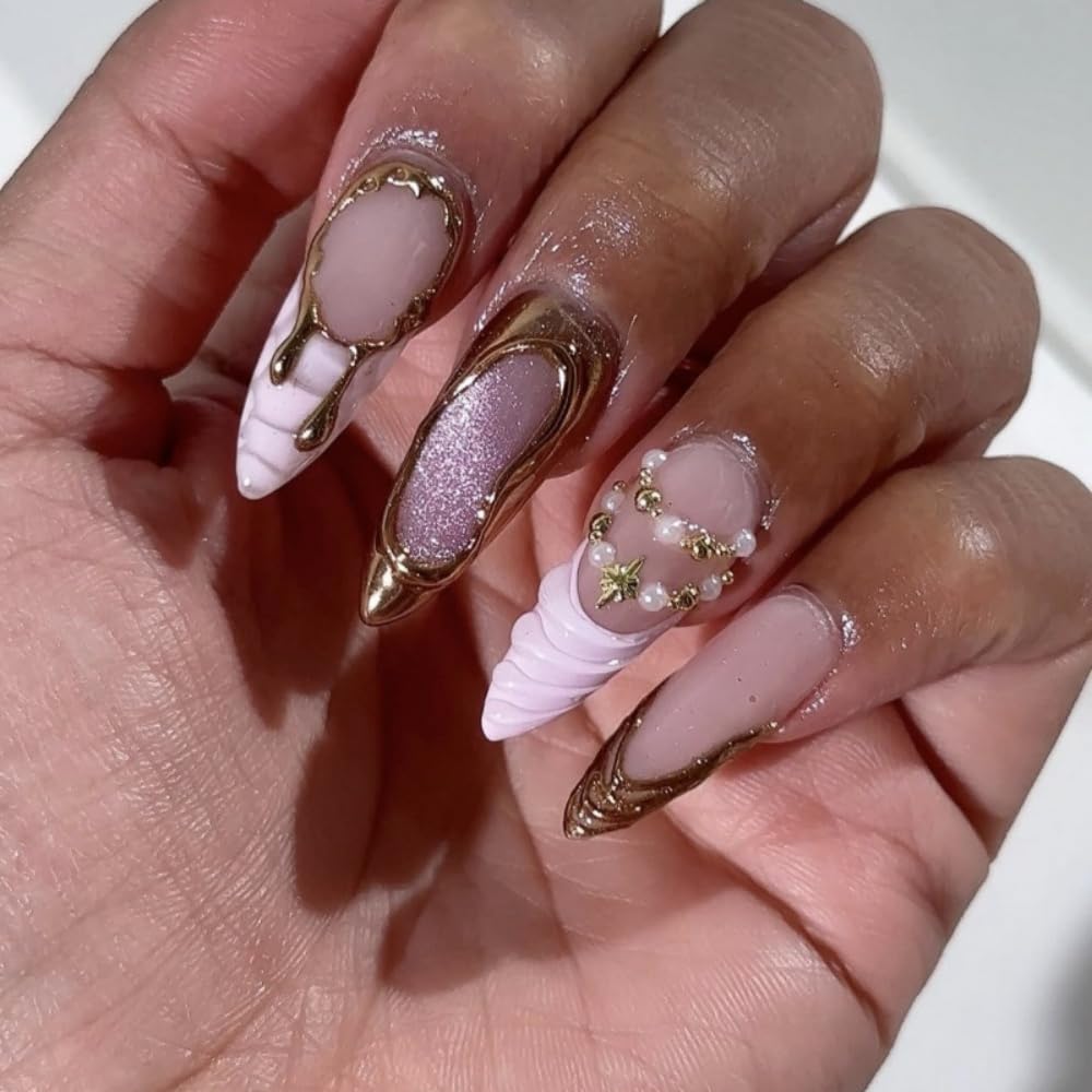 Almond Press on Nails Medium Glue on Nail with 5D Gold Lines Design Pink Glitter Acrylic Nails Glossy Pink French Tips Fake Nails Spring Summer Star Pearl Nail Press on for Women Manicure 24Pcs