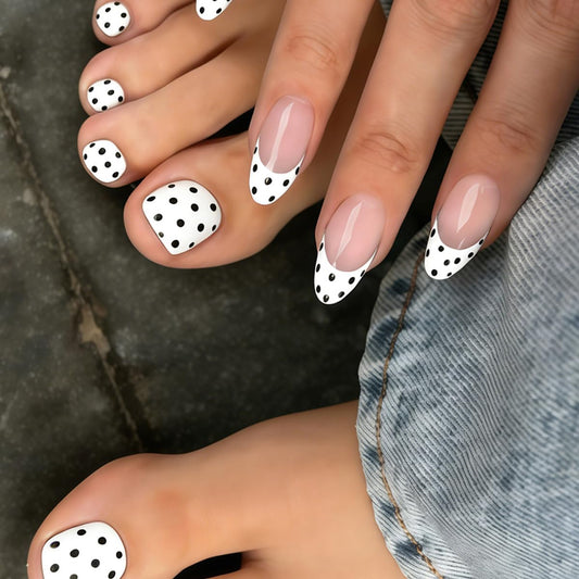 48Pcs White French Tip Press on Nails Medium Almond & Press on Toenails Set - Fake Nails Press ons Nail Art Tips Cute Glue on Nails Full Cover Fake Toe Nail Black Polka Dots Design Acrylic Nail Kit
