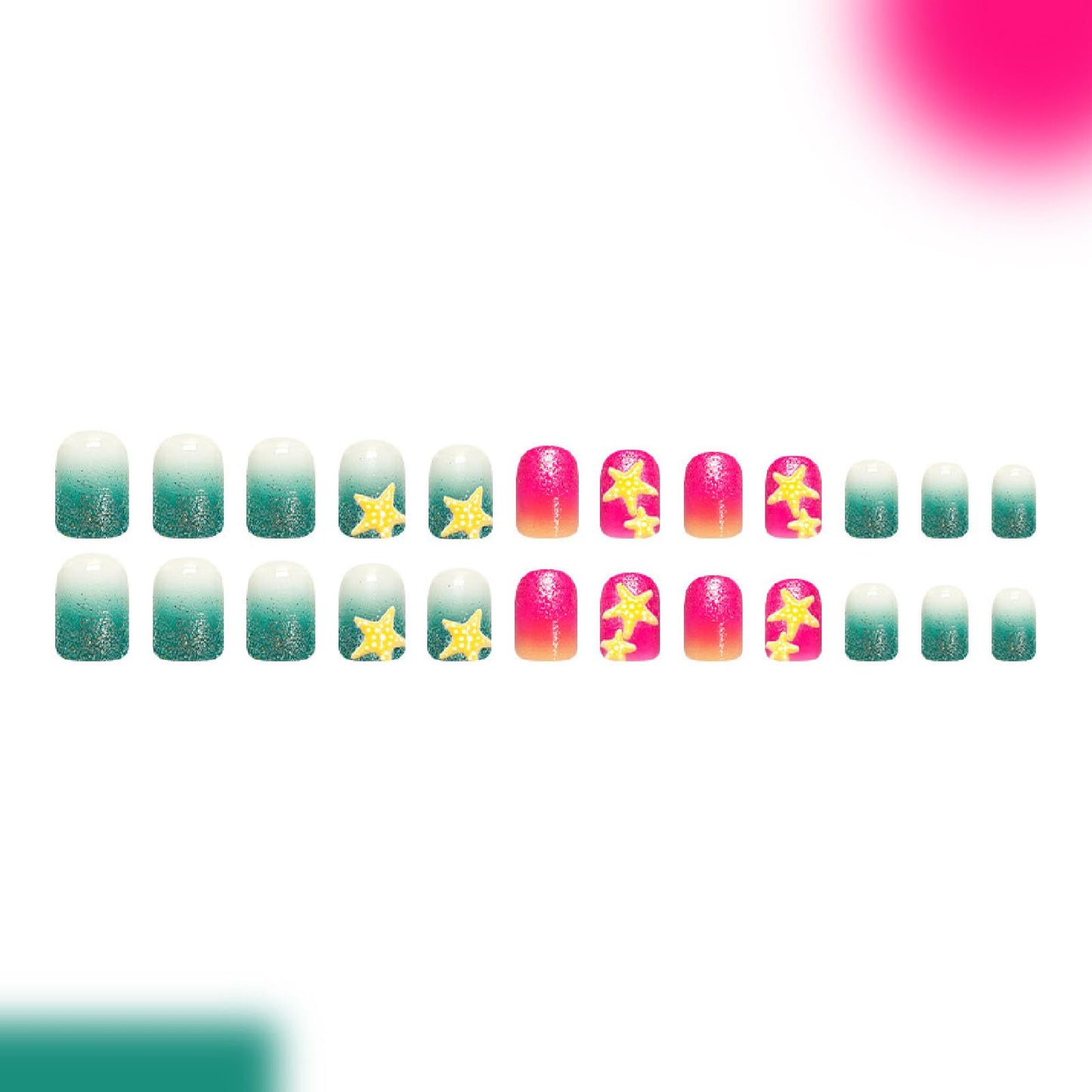 24Pcs Starfish Press on Nails Short Square Fake Nails with Gradient Glitter Designs Nails Press ons Red Green Artificial Nails Summer Stick on Nails for Women