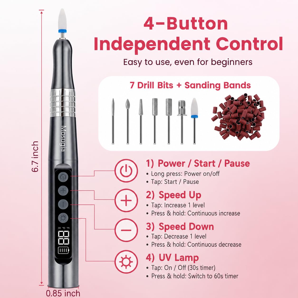 Mosugia 35000RPM Cordless Nail Drill Electric File Professional Kit Portable Rechargeable 2 in 1 Nail Drill/UV Lamp for Acrylic Gel Nails Low Noise Nail Tools for Home Use, Nail Salon, Gray