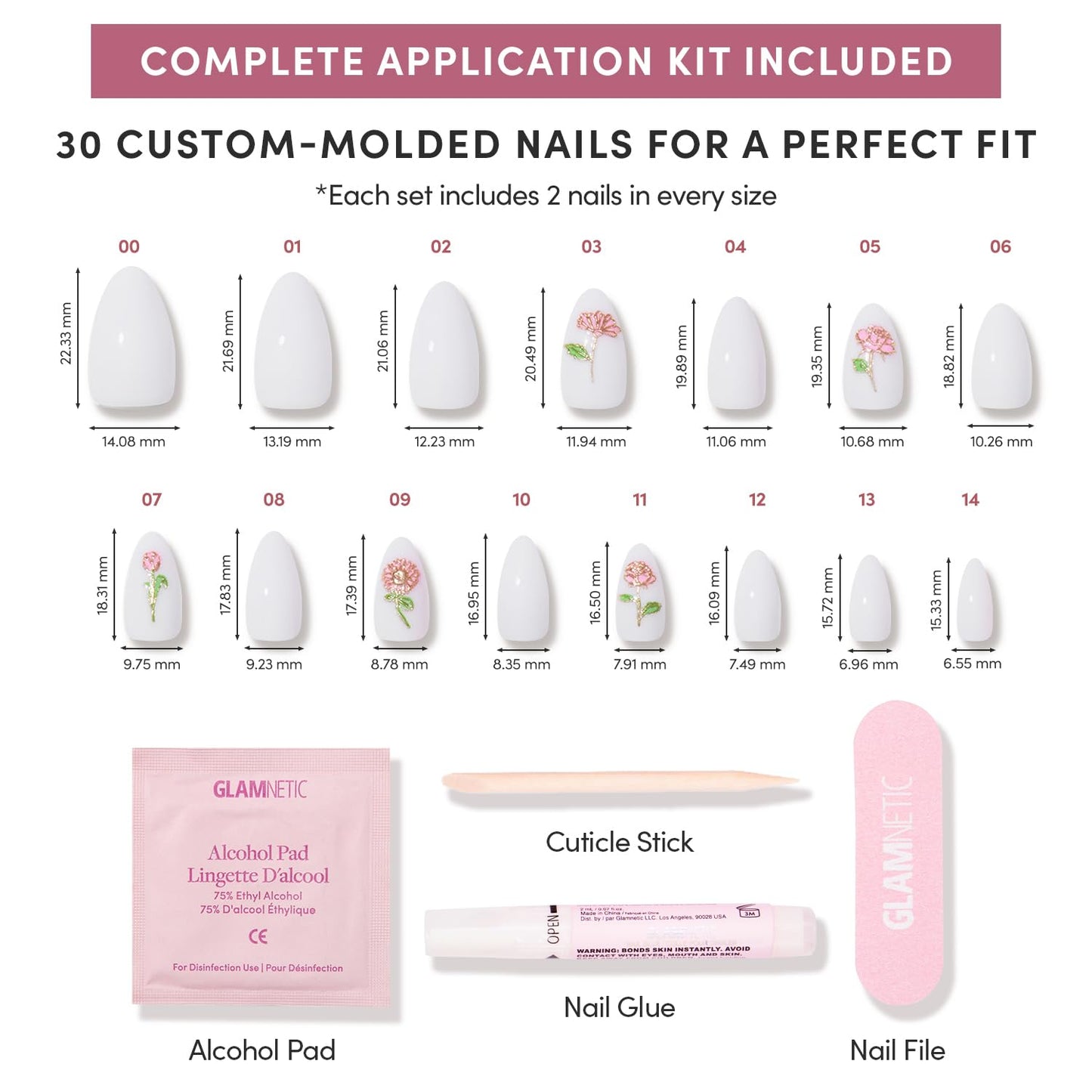 Glamnetic Press On Nails - Floral Glow Spring Nails | Short Almond Fake Nails in Milky White Base with 3D Rose Designs in a Glossy Finish, Salon Quality | 15 Sizes - 30 Nail Kit with Glue