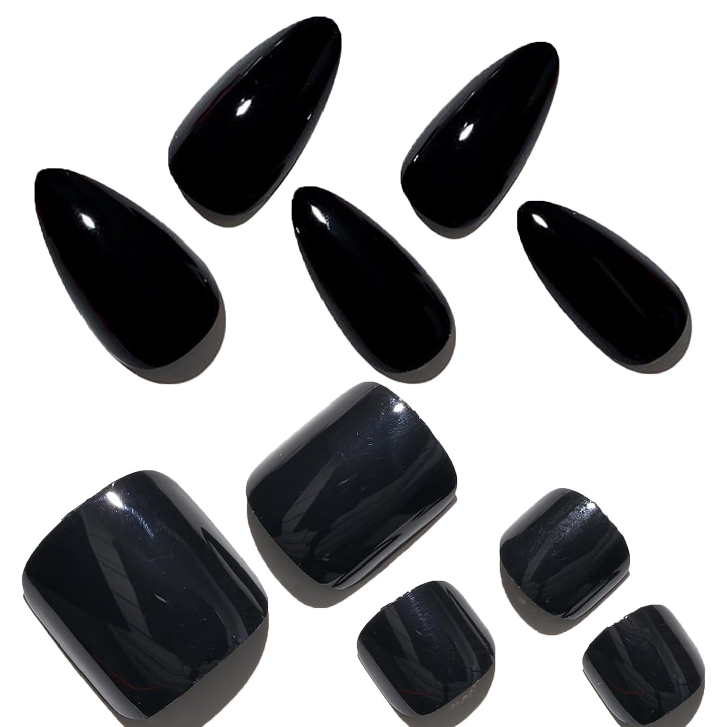 GLAMERMAID Press on Nails and Press on Toenails Sets,48 Pcs Black Almond Glue on Nails and Toenail Press ons,Summer Hand and Toenails Sets for Women Girls Gift