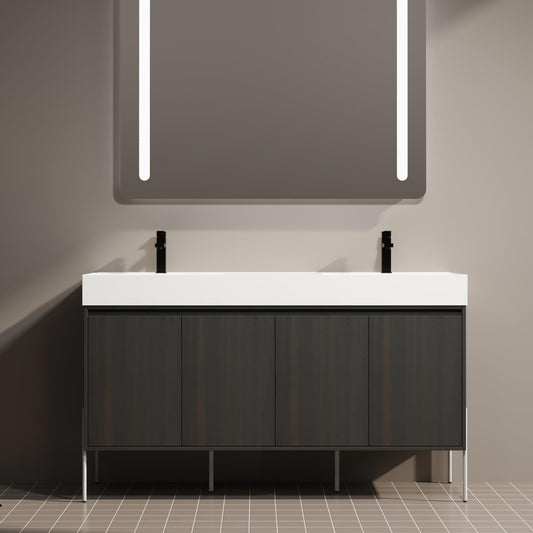 KEIKI 60" Freestanding Bathroom Vanity with Resin Double Sink, Modern Bathroom Storage Cabinet with Soft Closing Doors & Solid Metal Legs, 60 inches Double Sink Bathroom Vanity with 45° Bevel Handle