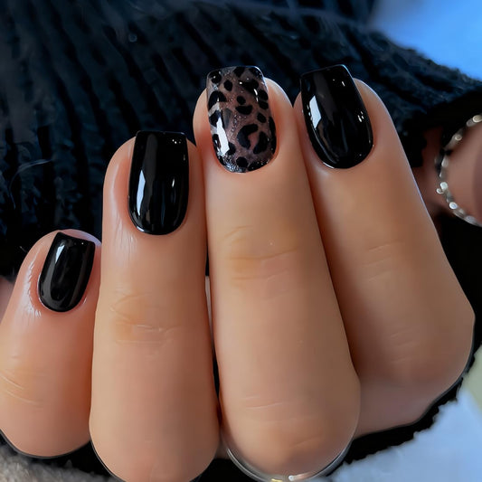 Obsidian Press on Nails Short Square CEWEWP Fake Nails Winter False Nail with Gold Glitter Black Leopard Print Designs Glossy Glue on Nail Full Cover Acrylic Nails for Women Girls 24Pcs