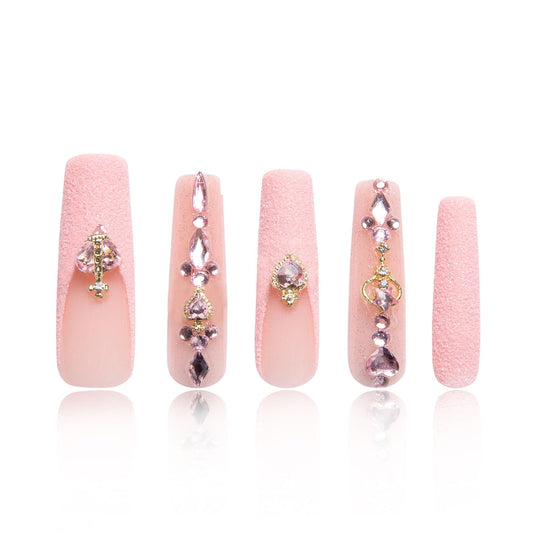 LOVFUL Press on Nails Dreamland Escape Pink | Handmade with Full Covered Crystals | Reusable Fake Nails | Square Mid length 1.7in | H229-S