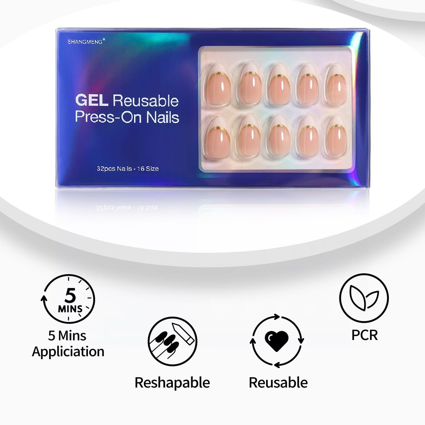 SHANGMENG White French Tip Press on Nails with Gold Line Design - Soft Gel Almond Nails Short for Women, Glossy Glue on Nails with Glue in 16 Sizes - 32 Reusable Fake Nails, Gold Ribbon