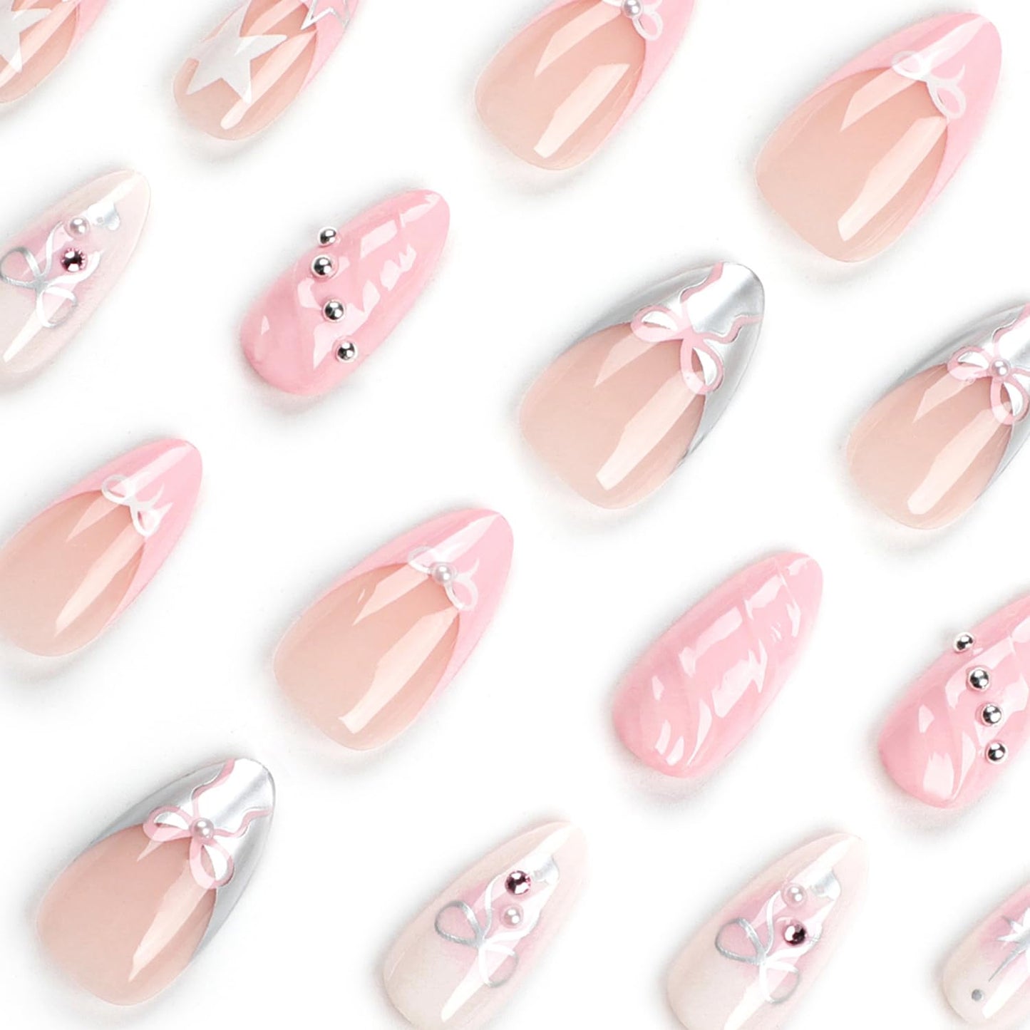24Pcs French Tip Nails Medium Almond Fake Nails Tips Cute Bow Rhinestones Glitter Designs 3D Pink False Nails Silver Star Stick on Nail Full Cover Glue on Artificial Nail for Women Manicure