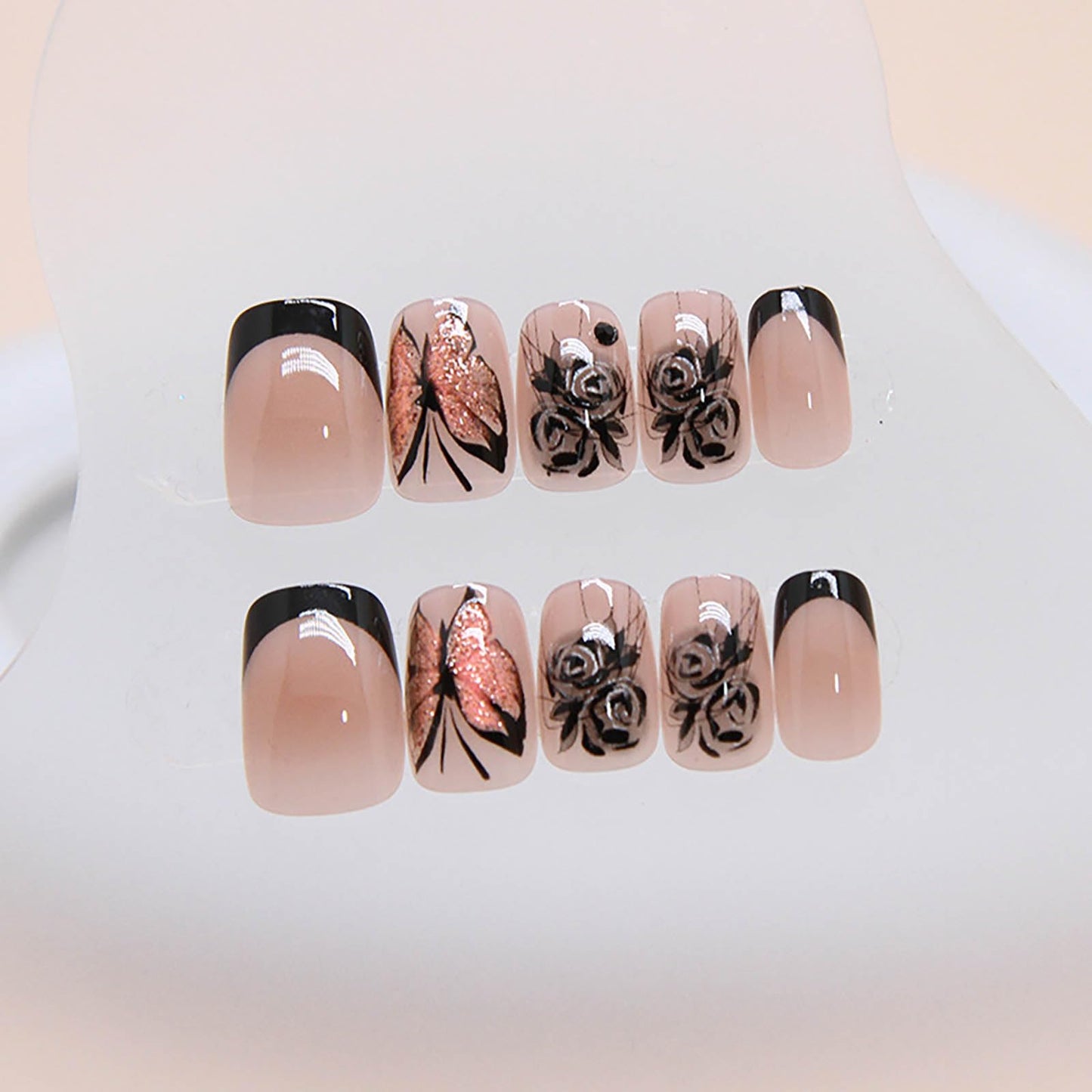 RTKHFZE Short Press on Nails Square Black Butterfly Fake Nails with Design Exquisite Stick on Nails Full Cover Acrylic Glossy Glue on Nails Artificial Nails for Women Manicure Decorations 24Pcs