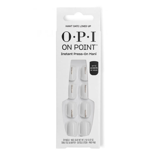 OPI On Point Hawt Date Lined Up | Short Round White with Silver Shimmer Nail Art Press On Nails | 24 Count with Glue | Long Lasting, Reusable, Non-damaging | Fall 2025 Shades
