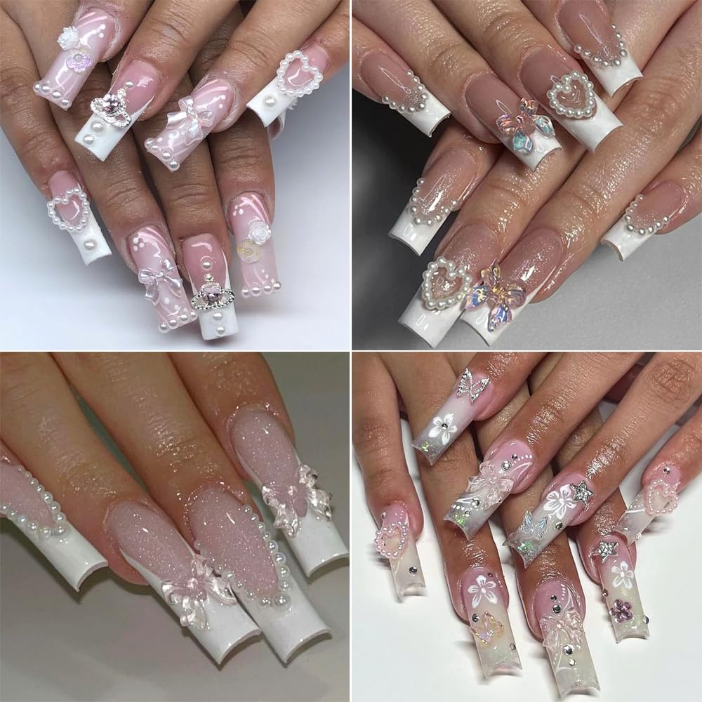 3D Multi Shapes Nail Charms, Aurora Rose Camellia Butterfly Acrylic Flower Clear Bow-Knot White Heart Flatback Pearls Nail Decoration Jewelry DIY Crafts Y2K Nail Art Accessories