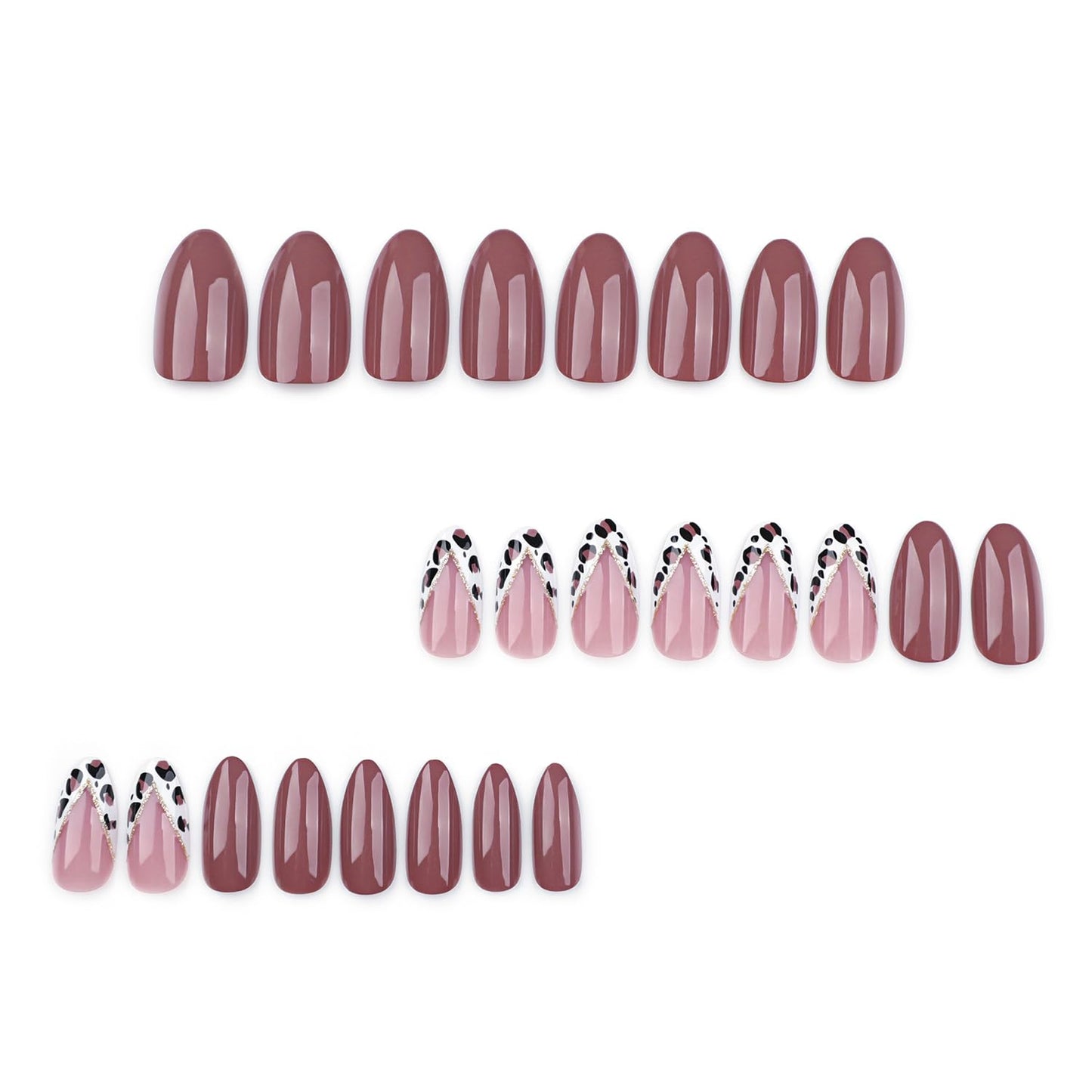 Press On Nails Medium Almond, Glossy Brown Pink Fake Nails with Leopard French Tip Design, Elegant Trendy False Nails for Women, 24PCS Reusable Nail Set