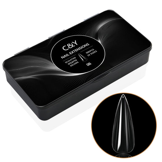 Cycullinyt 500pcs Sculpted XXLong Stiletto Soft Gel Nail Tips, Professional False Nail Tips with Box - 10 Sizes Full Cover Clear Acrylic Press On Fake Nails for Extension Manicure Salon DIY at Home