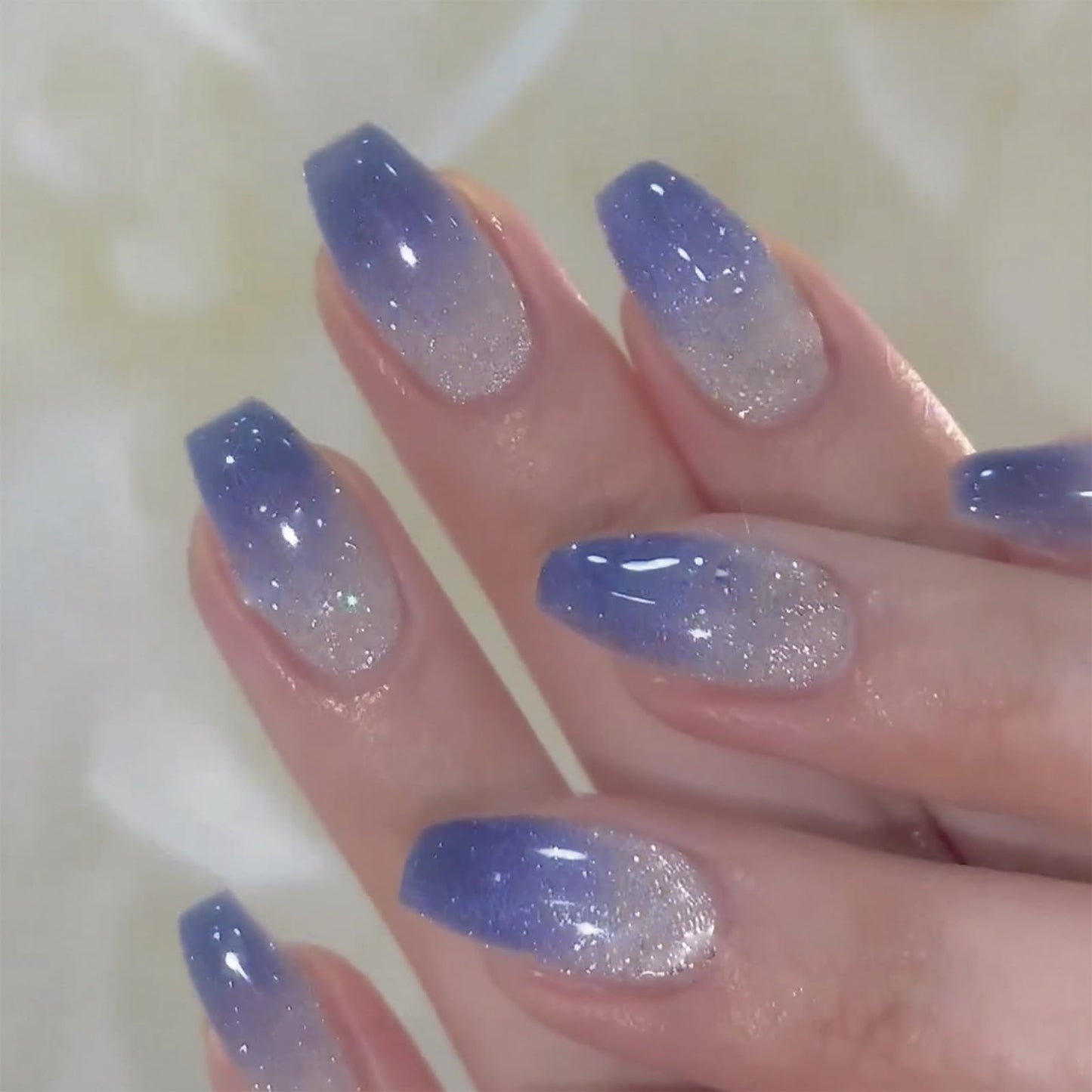 SINHOT Medium Coffin Press On Nails - Glossy Blue Ombre Acrylic Ballerina Artificial Nails With Bling Cat Eye Design - 24 Pcs