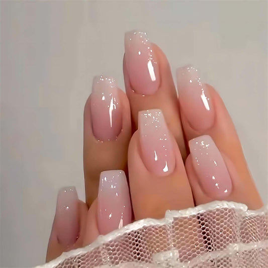 RUOKEXIN Pink Press On Nails Medium Coffin Fake Nails Glossy Acrylic False Nails with Glitter Designs Ombre Pink Full Cover Press Ons Fall Winter Holiday Stick on Nails for Women 24Pcs