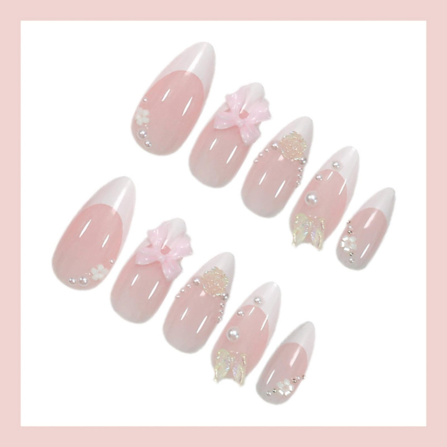 SEENEEY Almond Press on Nails Medium Fake Nails French Artificial Nail Pink Bow and Pearl Designs Cute Stick on Nail for Women 24pcs