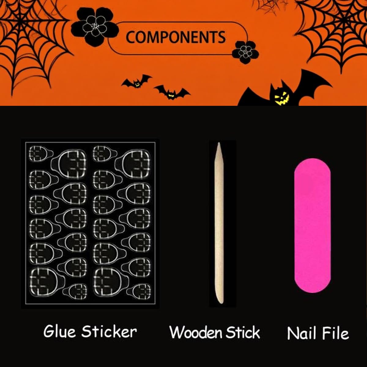 24Pcs Halloween Press on Nails Short Almond Fake Nails with Ghost Yellow Flower Design Stick on Nails Spooky False Nails Handmade Full Cover Acrylic Glue on Nail for Women Girl Nail Art Decoration