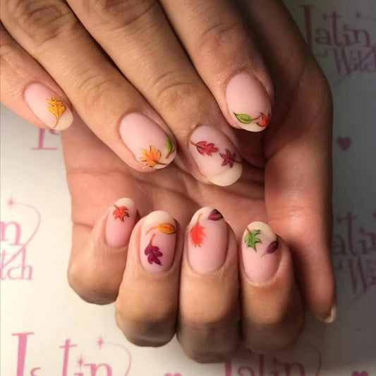 Fall Press on Nails Oval Fake Nails Full Cover Maple Leaves designs Acrylic Artificial Nails Nude Matte False Nails Gel Glue on Nails for Women Girls Autumn Nails 24pcs