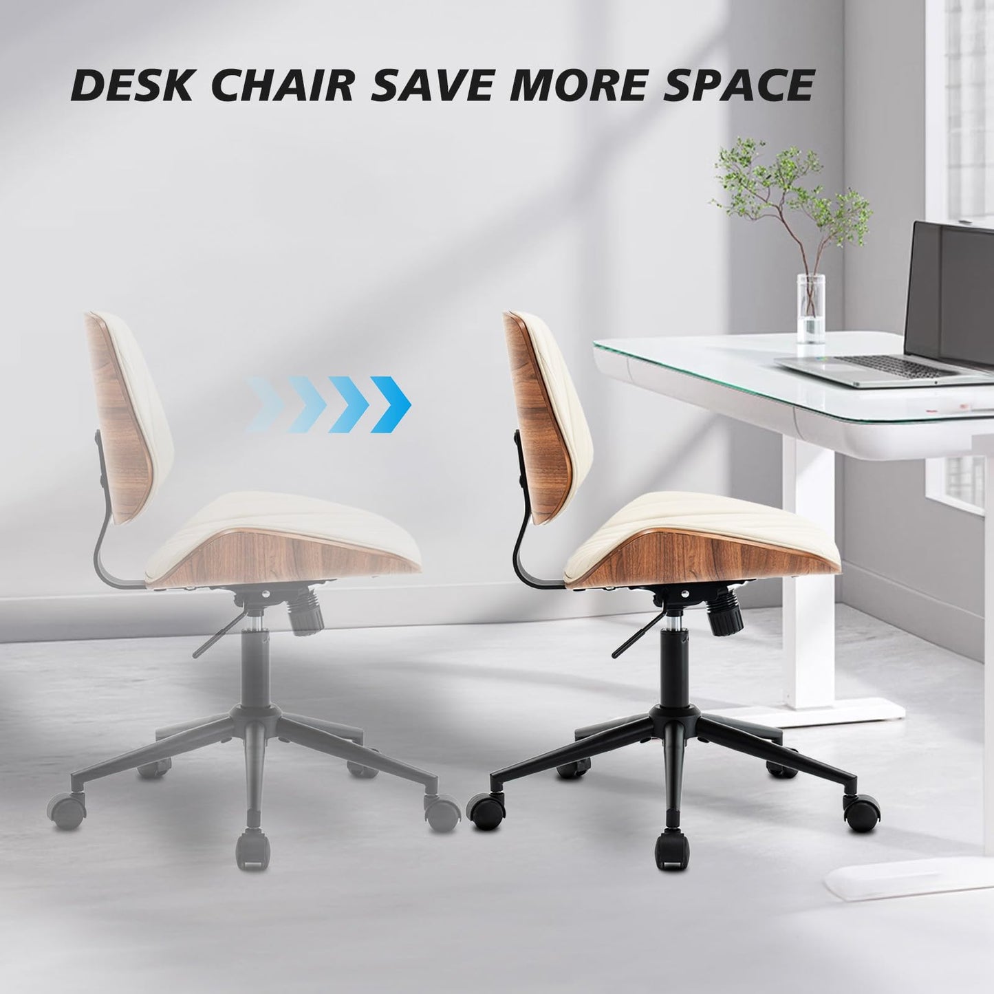 Rongbuk Armless Desk Chair with 360°Swivel Wheels, Ergonomic Adjustable Height Computer Chair for Home Office,PU Leather with Modern Walnut Drafting Chairs for Office, Reading Nook(Beige)