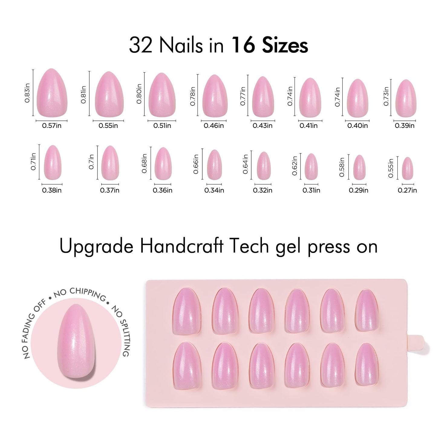 VSALON Press On Nails Short Almond - Pink Shimmer Pearl Fake Nails Kit for Women, Reusable Opaque Spring Summer Glue on Nails with Cuticle Oil - 32 Pcs with 16 Sizes