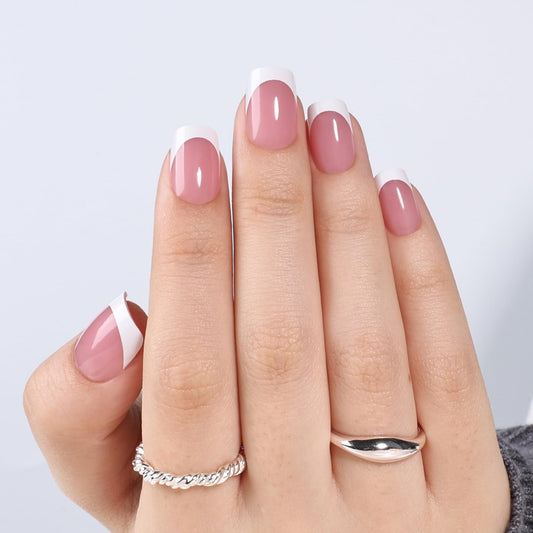 White French Tip Press On Nails Square - Short Square Pink Fake Nails with Nail Glue, White French Tip Press On Nails Reusable Stick On Nails in 15 Sizes 30 Nail Kit for Women & Girls | Salon Quality