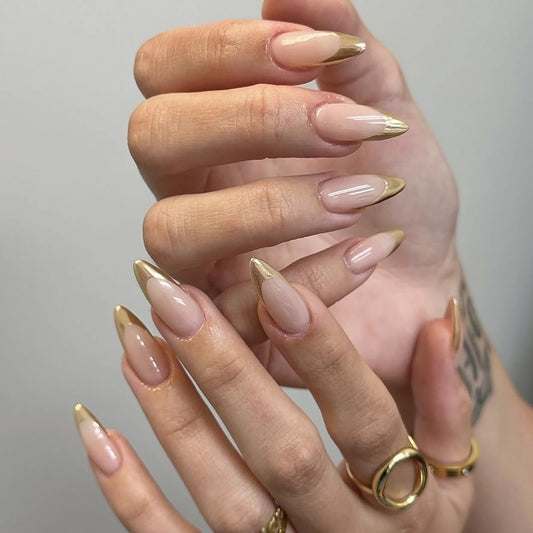 MISUD Press on Nails - Medium Almond Fake Nails with Gold Chrome, Acrylic French Tip Design 24 pcs