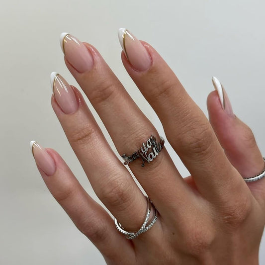 French Tip Press on Nails Almond Fake Nails with Gold Line Design Medium Full Cover Stick on False Nails for Women Manicure 24Pcs