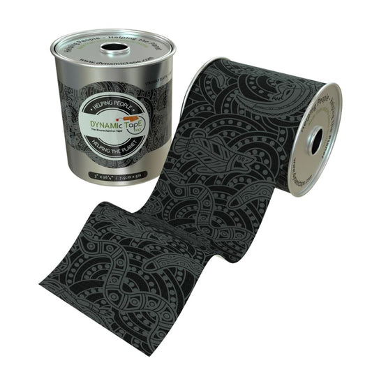 Dynamic Tape Eco - Elastic Athletic Tape Made from Recycled Materials | 4Way Biomechanical Stretch & Stronger Recoil Than Kinesiology Tape | for Sports, Muscle & Joint Load MGMT | 3” (Grey/Black)