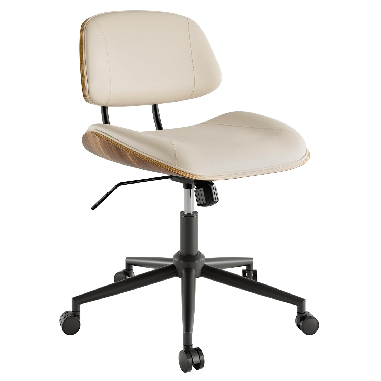 BERYTH Armless Office Chair with Wheels, PU Leather Adjustable Height Desk Chair - 360° Swivel Ergonomic Computer Chair for Small Space, Modern Walnut Style, Home & Meeting Room, Beige