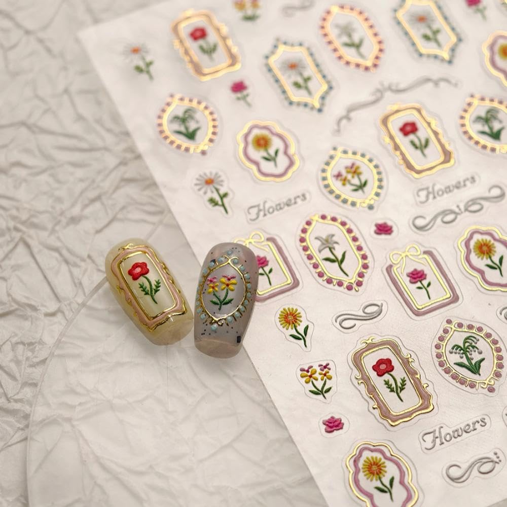 5D Embossed Flower Nail Stickers Irregular Geometric Frames Nail Designs Gold Hollow Designs Nail Decals Dasiy Rose 3D Self-Adhesive Summer Nails Art Decoration for Women DIY 1 Sheet