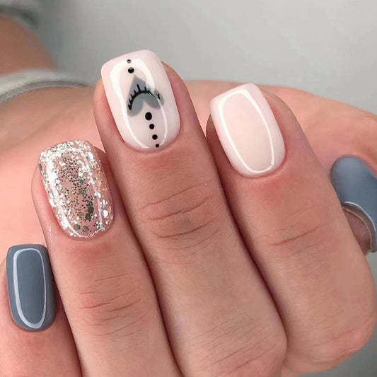 MISUD Press on Nails - Short Square Fake Nails with Gray Blue, Acrylic Bling Glitter Design 24 pcs