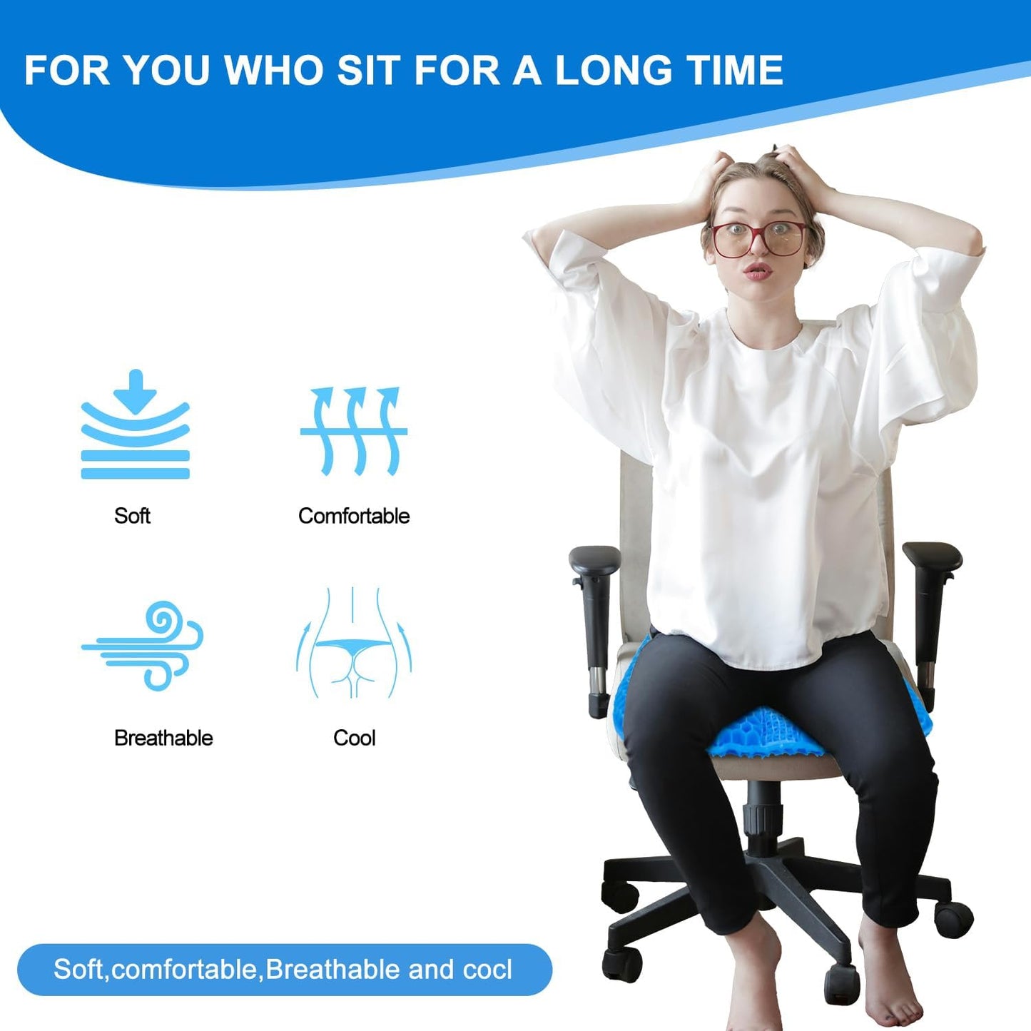 TONINT Large Gel Seat Cushion for Long Sitting with Non-Slip Cover,Soft & Breathable,Seat Cushion for Chair,Car,Office,Desk Chair,Wheelchair
